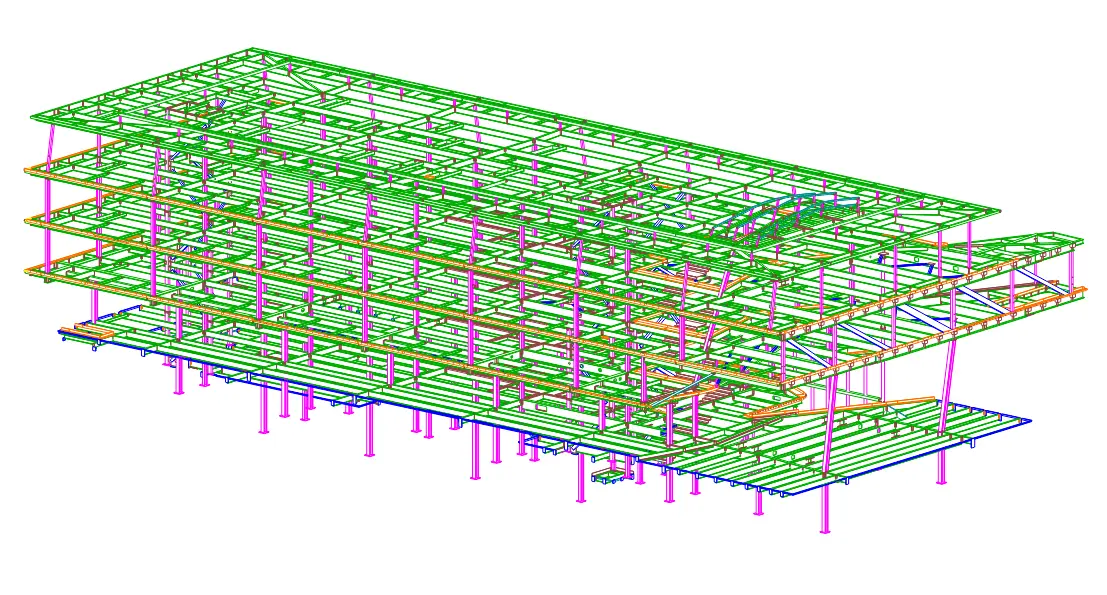Construction site with steel structure and supports